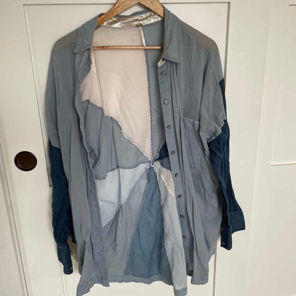 Free People Patchwork Button-Up Shirt Jacket in Light Blue and Navy